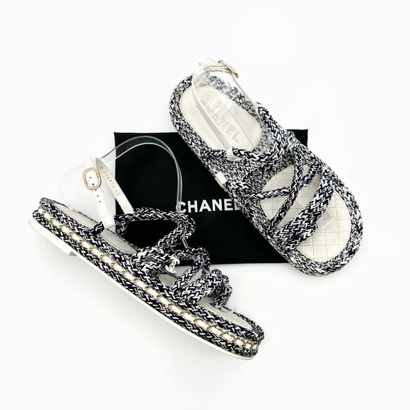 CHANEL Blue White Rope Interlocking CC Charm Dad Sandal Size 40 Chain Slingback - Picture 2 of 13
